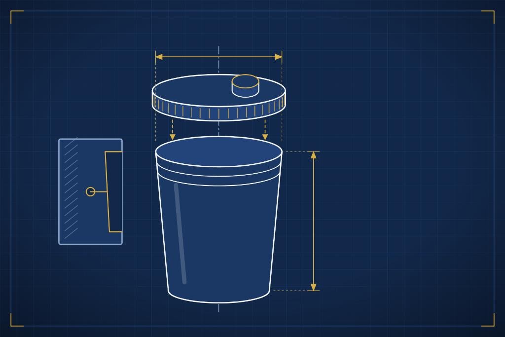 Patented 5-gallon nestable stackable container technical drawing